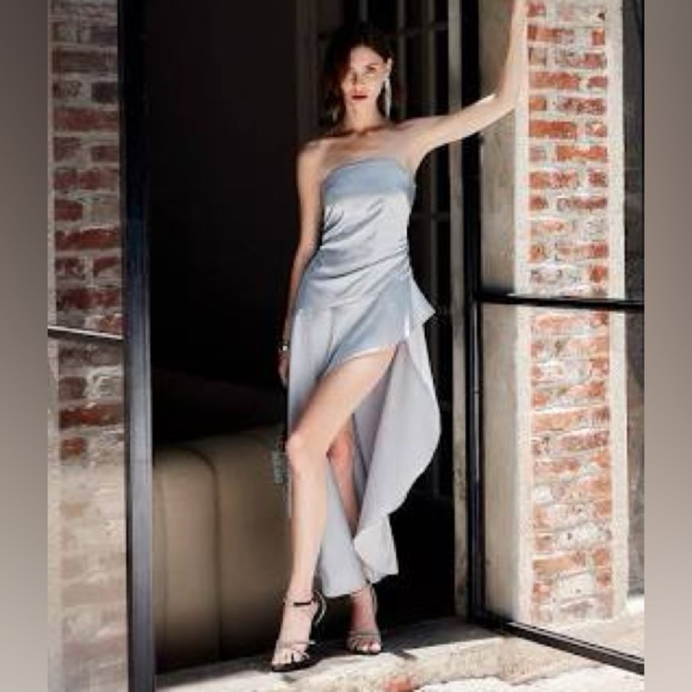 Commense Strapless Asymmetrical Satin Dress in Light Silver